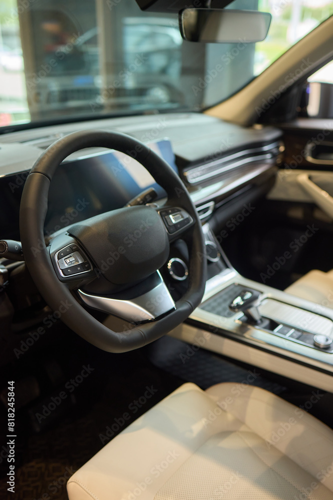 Vehicle with seating and steering wheel, interior design Vehicle with seating and steering wheel, interior design