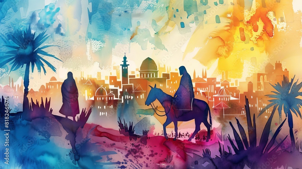 Fototapeta premium watercolor illustration of jesus christs triumphal entry into jerusalem on palm sunday riding a donkey abstract cityscape background