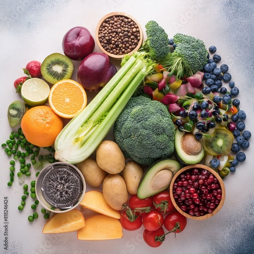 Dieta equilibrada verduras y fruta, organización cromática, verduras arcoíris, creado con IA generativa 