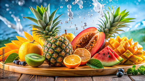 A vibrant assortment of tropical fruits  including pineapple  mango  and papaya  arranged on a wooden platter with water splashes.