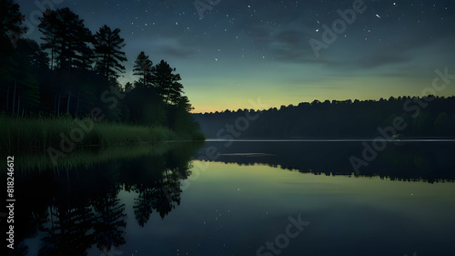 A serene lakeside scene where fireflies hover above