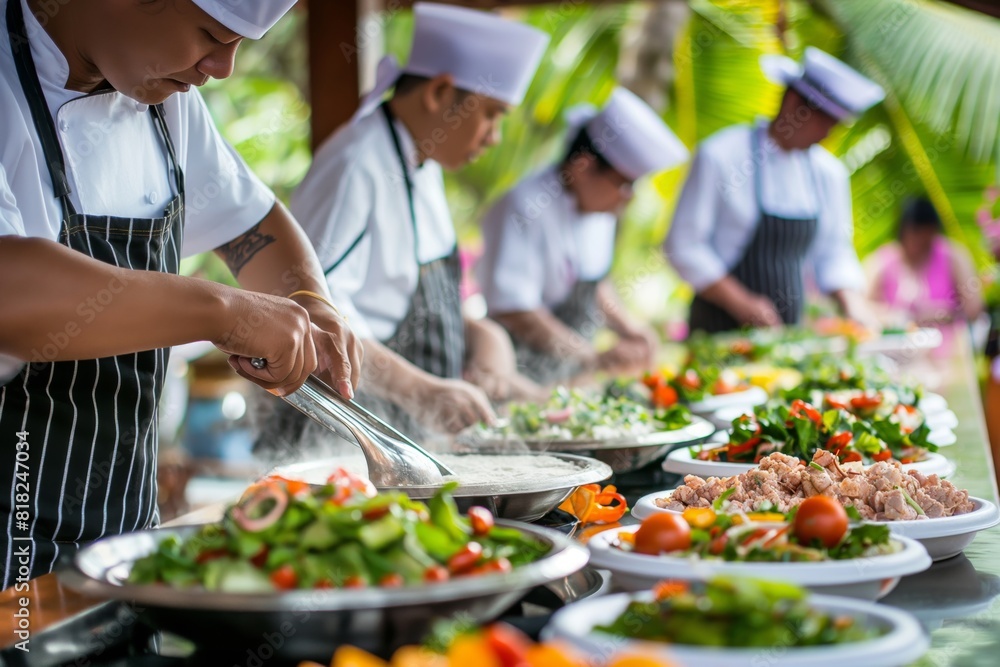 Chef Preparing Fresh Salad in Outdoor Kitchen