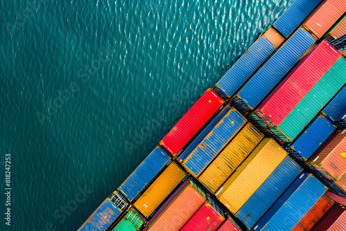 Aerial view of colorful cargo containers at sea