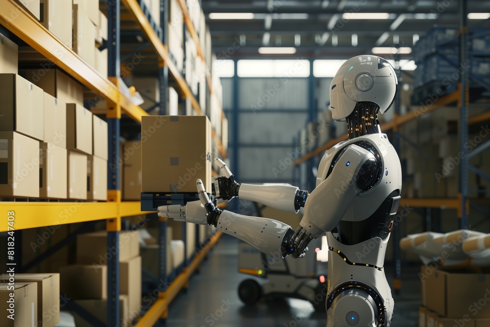 Fototapeta premium White AI Robot Organizing Packages in High-Tech Warehouse