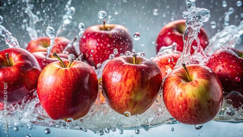 A bunch of crisp red apples being dunked into water, sending refreshing sprays and creating a crisp, clean background