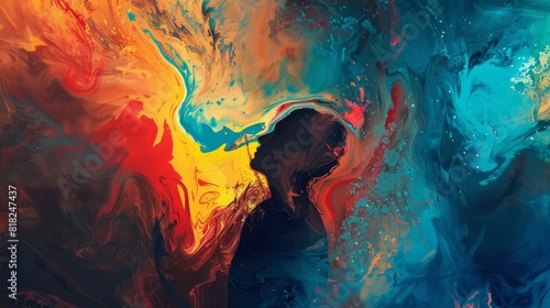 Abstract, artistic representation of a human silhouette filled with a swirling, marbled mixture of colors
