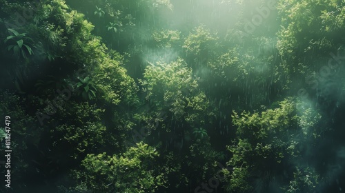 Dense, lush rainforest during rainfall. The scene is characterized by an array of green foliage, with leaves of various sizes and shades of green, indicating a rich biodiversity © Олег Фадеев