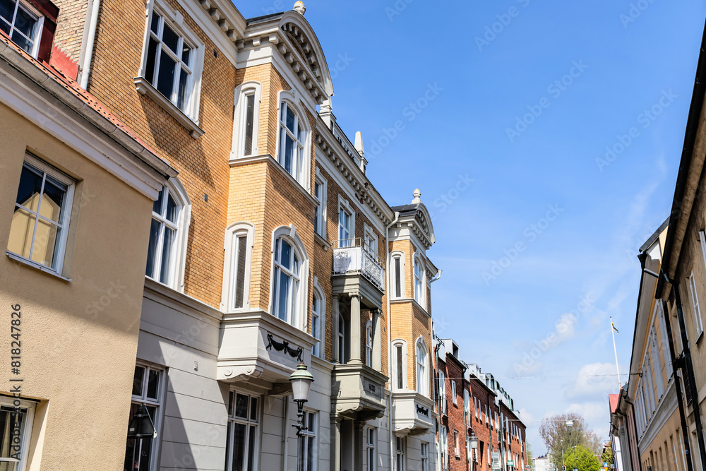 Residential building in ancient style on a sunny day against a blue sky. Ystad, Sweden Residential building in ancient style on a sunny day against a blue sky. Ystad, Sweden