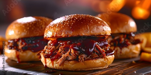Tender pulled pork sandwich with tangy BBQ sauce on soft toasted buns. Concept BBQ, Pulled Pork, Sandwich, Tangy Sauce, Soft Buns photo