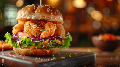 Vietnamese-style chao tÃ´m panko breaded shrimp burger with lettuce, carrot, red cabbage, tomato and onion, served with sriracha mayonnaise, photo
