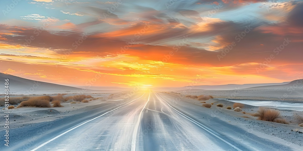 Empty straight road disappearing into horizon at sunset symbolizing new beginnings. Concept Road, Sunset, New beginnings, Future, Symbolism