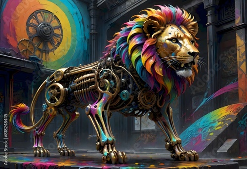 Vibrant  colorful robotic lion with metallic body and mechanical parts and rainbow colored wires  standing in an urban setting with graffiti art on the walls  Generative AI.