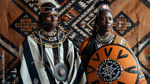 Resilient Xhosa Tradition: A Showcase of Detailed Ethnic Wardrobe and Accessories with African Background photo