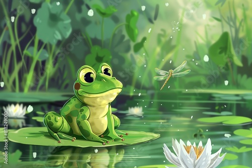 Cute cartoon frog with dragonfly on lake in the style of cute style
