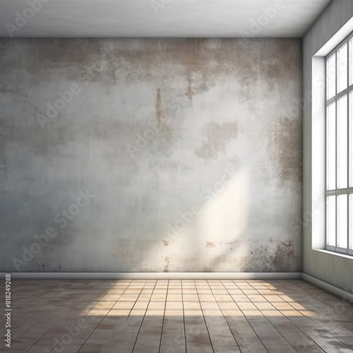 Empty room with a shabby grunge wall and a window that has the sun shining through it 