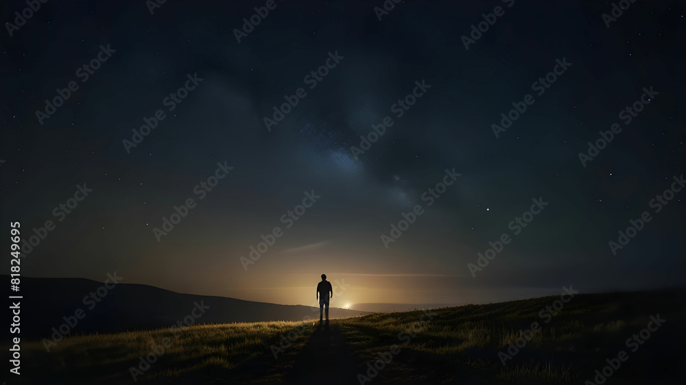 Man Standing on Hill Under Starry Night Sky Man Standing on Hill Under Starry Night Sky