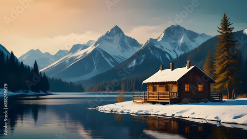 wooden cabin at riverside with snow peak mountain