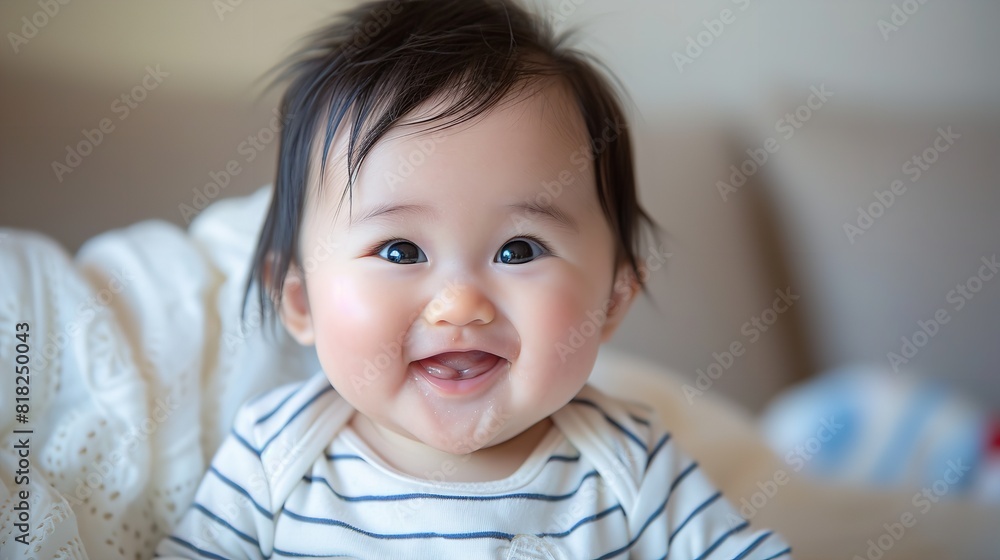 A cheerful baby is sitting on a bed, smiling brightly at the camera A cheerful baby is sitting on a bed, smiling brightly at the camera