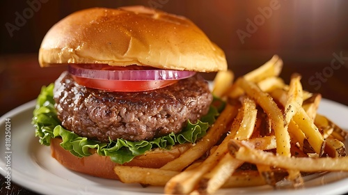 A classic hamburger composed of a succulent beef patty, fresh lettuce, vibrant tomato, and crisp red onion slices, all encased within a soft, toasted bun