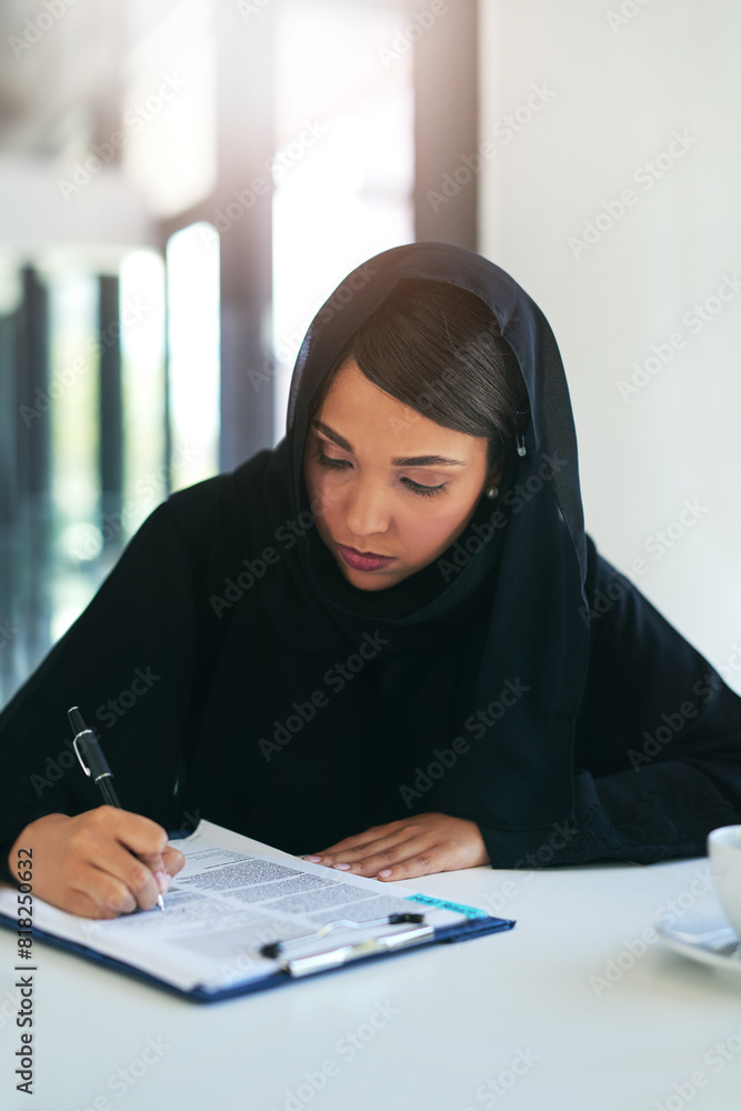 Business, paperwork and Muslim woman writing, contract and planning with hijab, legal aid and survey. Islamic person, employee and attorney with clipboard, documents and b2b deal with info and lawyer Business, paperwork and Muslim woman writing, contract and planning with hijab, legal aid and survey. Islamic person, employee and attorney with clipboard, documents and b2b deal with info and lawyer