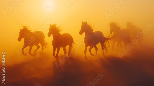Running herd of horses at sunset