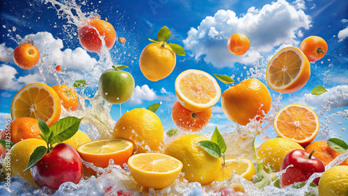 A vibrant depiction of assorted fruits  like juicy oranges and tangy lemons  being tossed into water  creating a playful splash against a backdrop of a bright blue sky and fluffy clouds