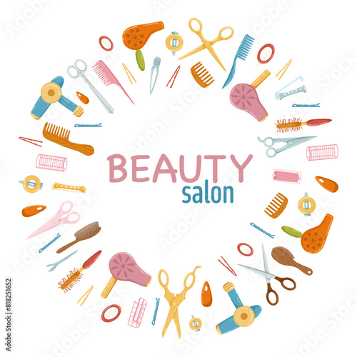 Hairdressing tools circle frame. Retro hair dryers, hairbrushes, scissors and different hair accessories. Cartoon hand drawn vector  illustration. White background. Cute print design for beauty salon.