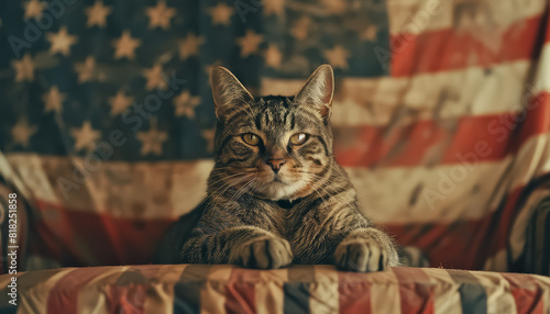 A cat wearing an American flag hat is looking at the camera