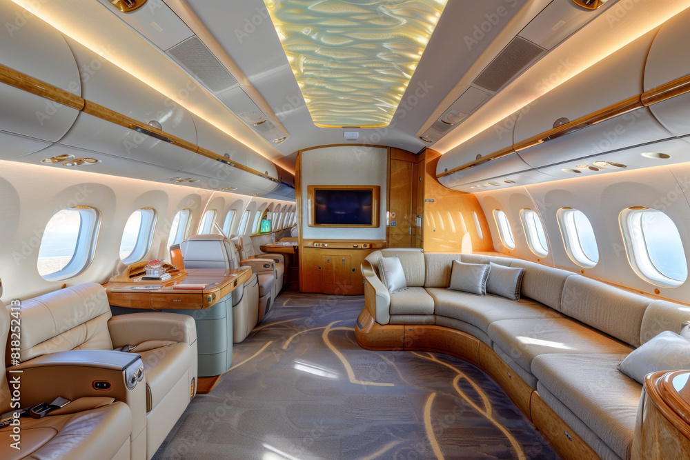 Luxurious interior of a private jet with leather seats and modern amenities. Luxury travel and aviation concept for design and print Luxurious interior of a private jet with leather seats and modern amenities. Luxury travel and aviation concept for design and print