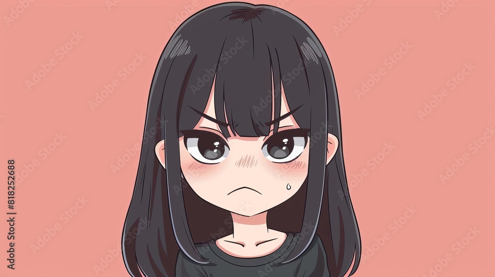 Grumpy Chibi cute chibi anime girl with cranky expression on solid color background ...