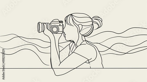 minimalist one line drawing of girl capturing memories with camera continuous vector illustration