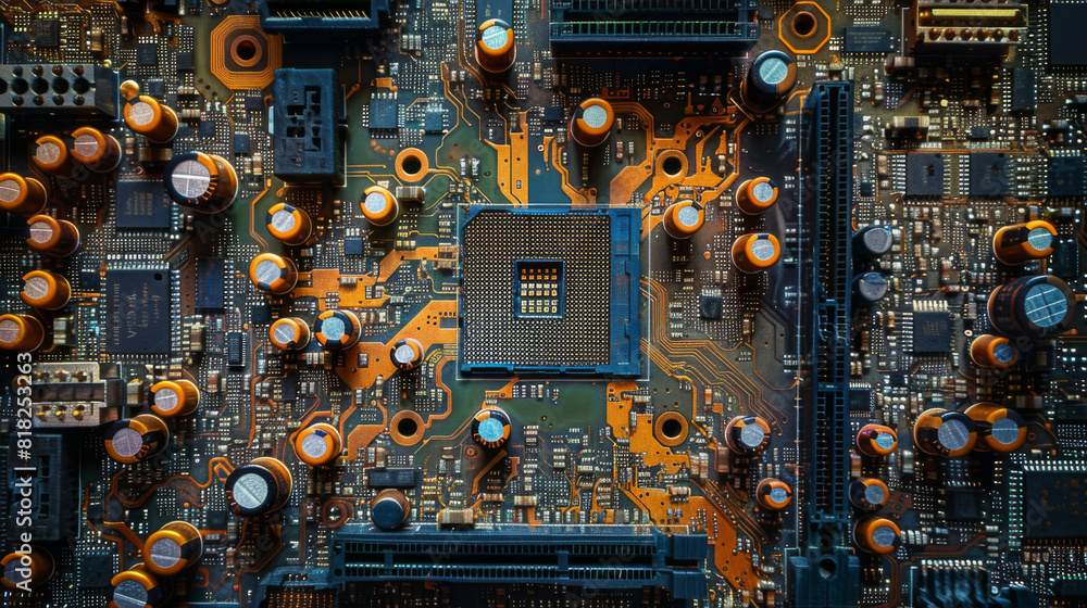 Close-up view of an elaborate electronic circuit board featuring a central microchip and surrounding capacitors. Close-up view of an elaborate electronic circuit board featuring a central microchip and surrounding capacitors.