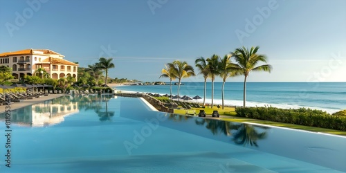 Luxury tropical resort with ocean view swimming pools palm trees and beach. Concept Luxury Resorts  Tropical Getaways  Ocean Views  Palm Trees  Beachfront Escapes