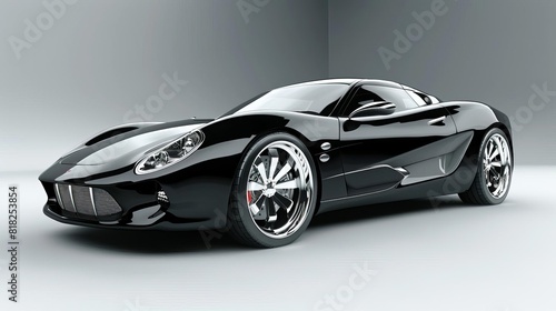 sleek black sports car with shiny chrome details on modern metallic grey background concept illustration © Bijac