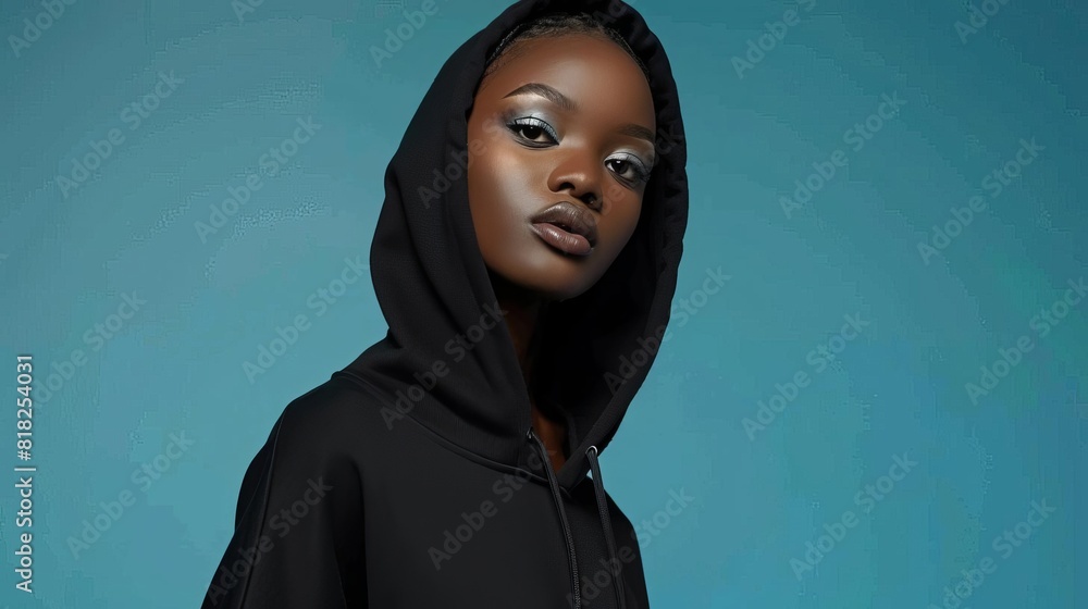 stylish black female model in blank hoodie mockup studio photography stylish black female model in blank hoodie mockup studio photography