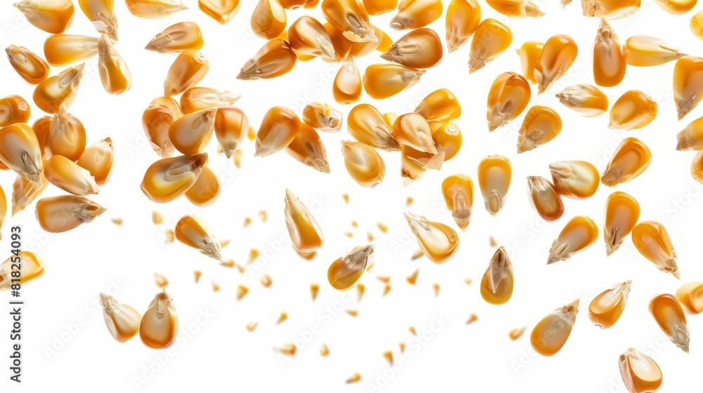 individual corn seeds in flight isolated on white background cut out for creative food and agriculture design projects individual corn seeds in flight isolated on white background cut out for creative food and agriculture design projects
