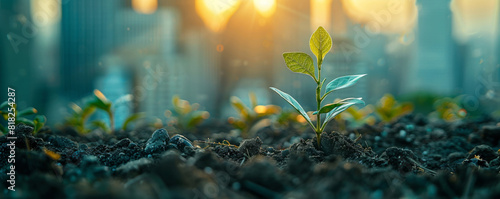 A young plant sprouts from rich soil against the backdrop of an urban skyline during sunset.