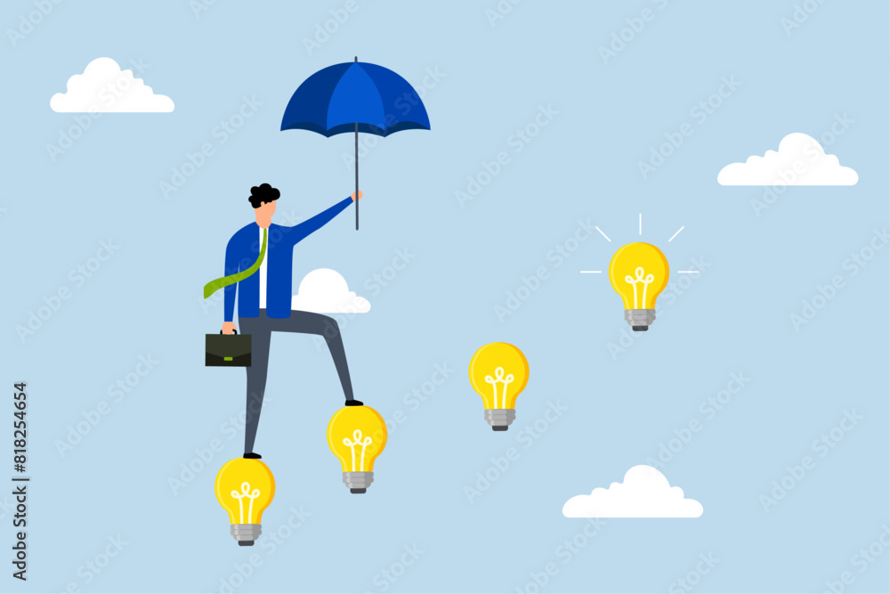 Career success with business knowledge or creativity, businessman walking with innovative light bulb idea lamp as ladder of success. Career success with business knowledge or creativity, businessman walking with innovative light bulb idea lamp as ladder of success.