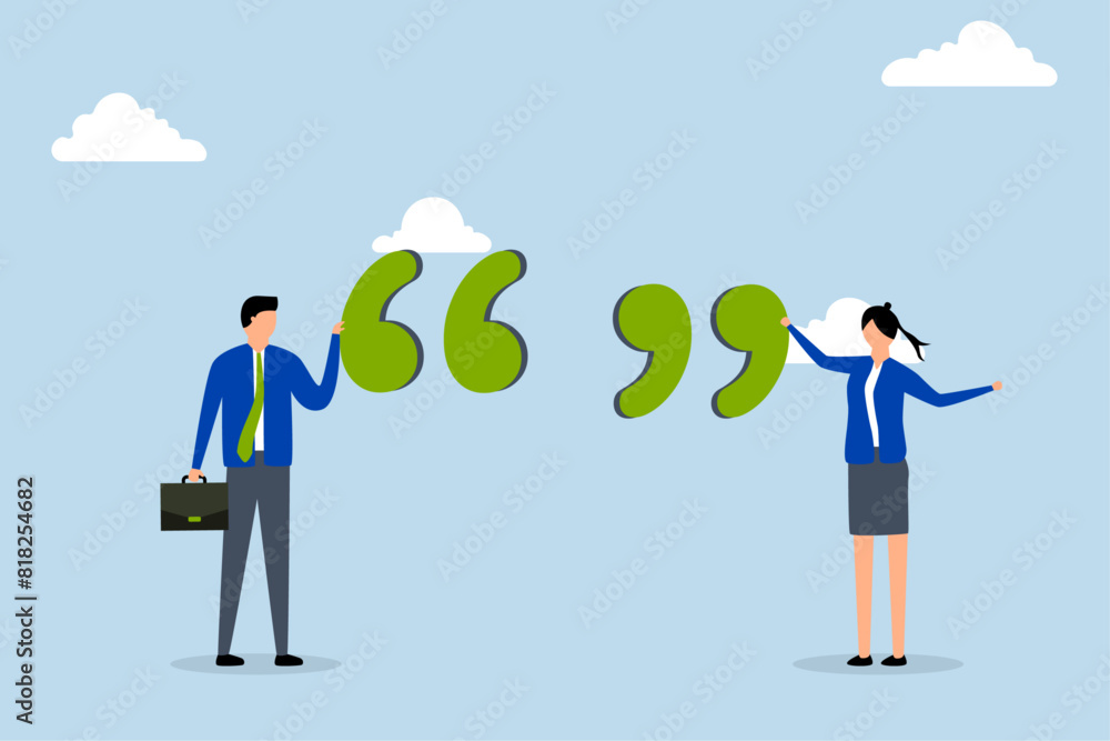 Fototapeta premium Inspiration quotes to motivate people, businessman and businesswoman standing with quotation mark sign.