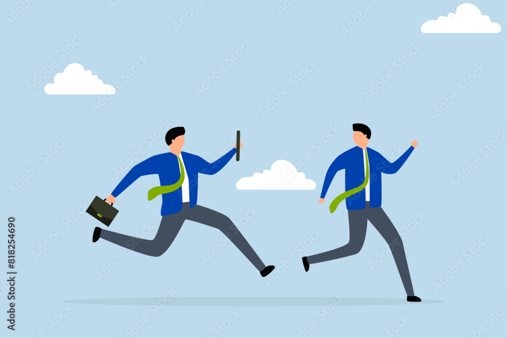 Business baton pass, businessmen colleagues partners pass baton at full speed for success. Business baton pass, businessmen colleagues partners pass baton at full speed for success.