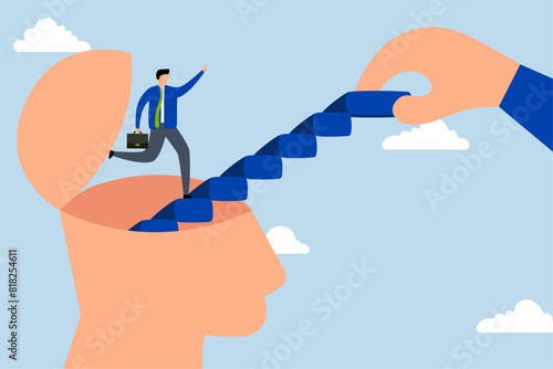 Personal development, businessman walking on staircase from his own brain.