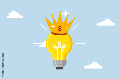 creative genius or winner idea, glowing bright light bulb idea lamp with golden crown.