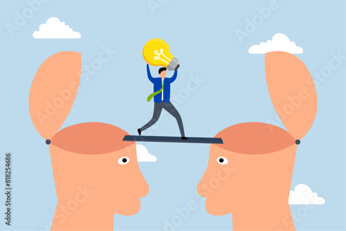 Knowledge transfer, businessman with idea lamp walks on bridge from one brain of human head to another.