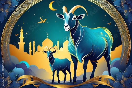 Eid al adha islamic festival wishes with goat background design 