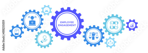Employee engagement banner web icon vector illustration concept with icons representing workload, recognition, clarity, autonomy, stress, relationships, growth, and fairness