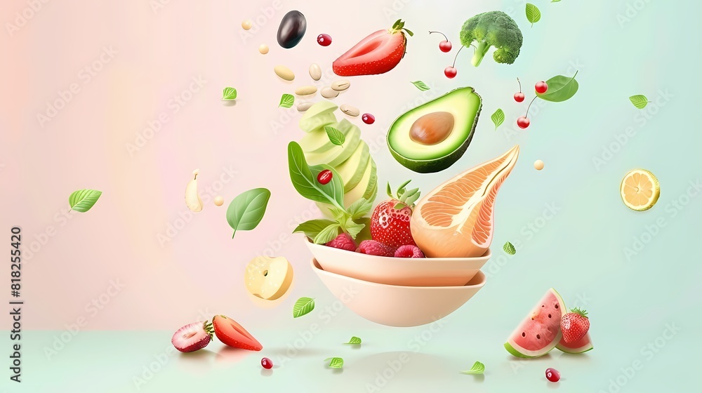A colorful burst of fresh fruits and vegetables levitating above a bowl A colorful burst of fresh fruits and vegetables levitating above a bowl
