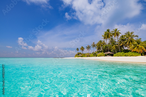 Beach resort landscape, tropical waves surf. Sunny sky horizon summer tourism vacation. Relax luxury background. Amazing sea view blue sea, exotic travel destination. Palm tree white sand dream vibes