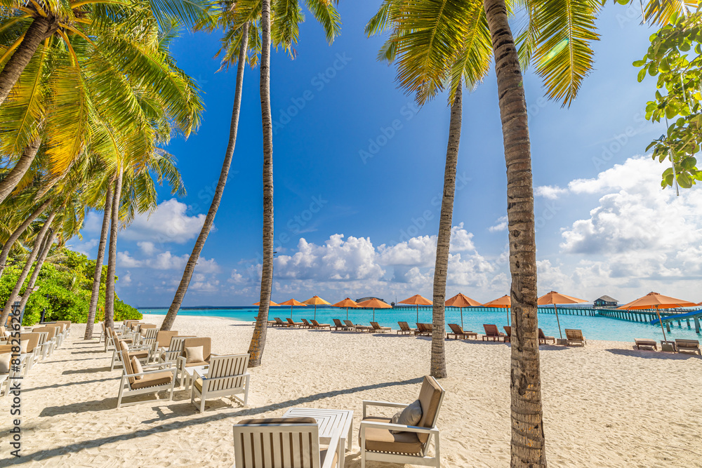 Empty beach with beach bar. Leisure loungers with sun beds and umbrellas. Tropical scene, luxury travel design. Palm trees sandy shore, calm waves. Sunny sky summer landscape, vacation exotic tourism