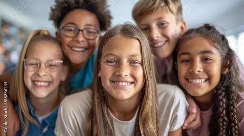 portrait de jeunes enfants souriants en groupe dans leur salle de classe photo