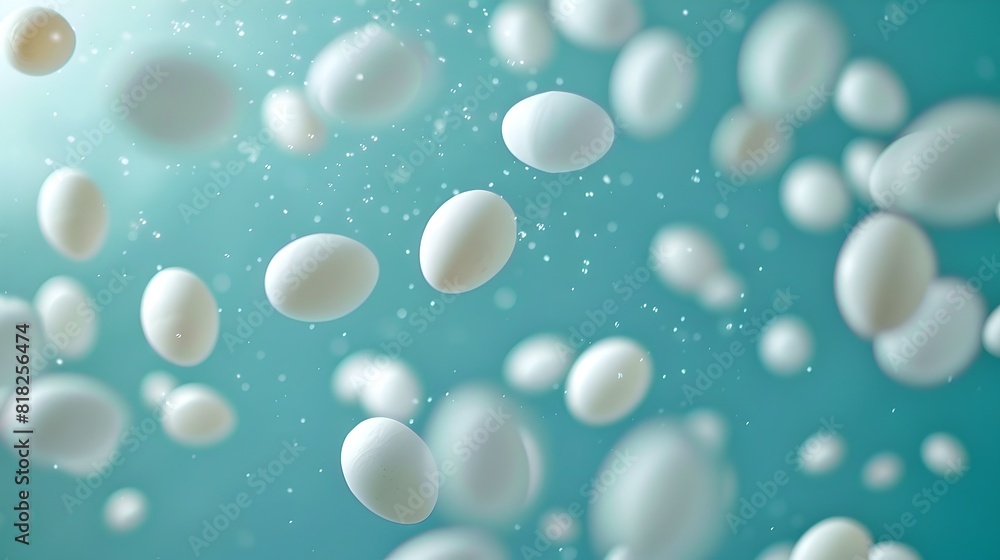 Floating white eggs in blue water background. Abstract concept for creativity and imagination. Perfect for use in modern designs and unique visual projects. AI